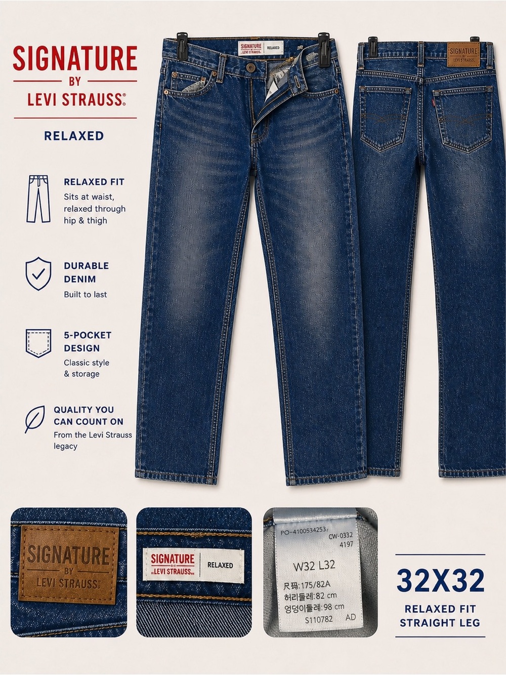 Signature Levi Strauss Relaxed Fit Jeans 32x32 Dark‎ Wash Relaxed Leg Men’s